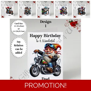 A5 or A4 Personalised Greeting Card - Happy Birthday - Biker Gnome - Any Relation - D.1-6