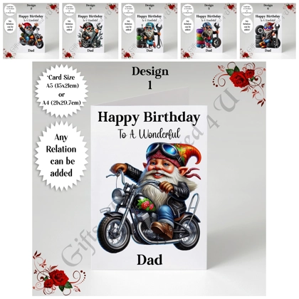 A5 or A4 Personalised Greeting Card - Happy Birthday - Biker Gnome - Any Relation - D.1-6 A5 or A4 Personalised Greeting Card - Happy Birthday - Biker Gnome - Any Relation - D.1-6