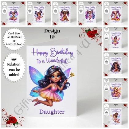 A5 or A4 Personalised Greeting Card - Happy Birthday - Fairy - Any Relation - D.19-28 A5 or A4 Personalised Greeting Card - Happy Birthday - Fairy - Any Relation - D.19-28
