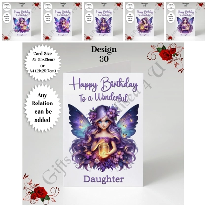 A5 or A4 Personalised Greeting Card - Happy Birthday - Fairy - Any Relation - D.30-35 A5 or A4 Personalised Greeting Card - Happy Birthday - Fairy - Any Relation - D.30-35