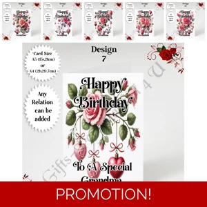 A5 or A4 Personalised Greeting Card - Happy Birthday - Roses & Hearts - Any Relation - D.7-12
