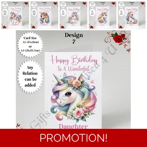 A5 or A4 Personalised Greeting Card - Happy Birthday - Unicorn - Any Relation - D.7-12