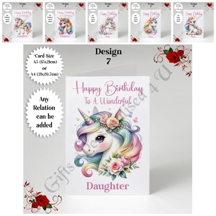 A5 or A4 Personalised Greeting Card - Happy Birthday - Unicorn - Any Relation - D.7-12 A5 or A4 Personalised Greeting Card - Happy Birthday - Unicorn - Any Relation - D.7-12