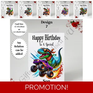 A5 or A4 Personalised Greeting Card - Happy Birthday - T-Rex / Monster Truck - Any Relation - D.7-12
