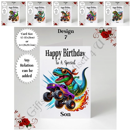 A5 or A4 Personalised Greeting Card - Happy Birthday - T-Rex / Monster Truck - Any Relation - D.7-12 A5 or A4 Personalised Greeting Card - Happy Birthday - T-Rex / Monster Truck - Any Relation - D.7-12
