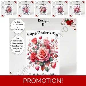A5 or A4 Personalised Greeting Card - Roses - Happy Mother's Day - Mum Mummy Grandma etc - D.11-16