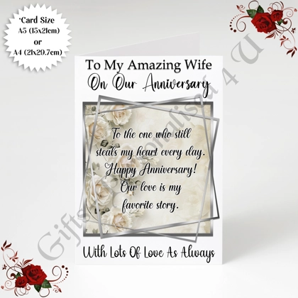 A5 or A4 Personalised Greeting Card - Anniversary - Wife - D.1