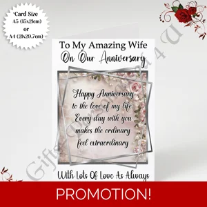 A5 or A4 Personalised Greeting Card - Anniversary - Wife - D.3