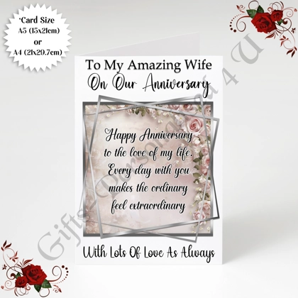 A5 or A4 Personalised Greeting Card - Anniversary - Wife - D.3