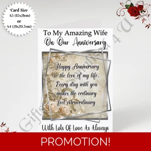 A5 or A4 Personalised Greeting Card - Anniversary - Wife - D.4