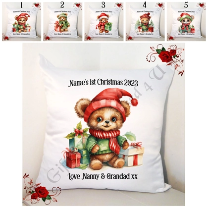 Personalised 14" Cushion - Name's 1st Christmas - Cute Bear - Designs 1-5
