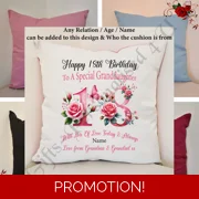 Personalised 16″ Colour Cushion Birthday 18th 21st 30th 40th 50th - Daughter Granddaughter etc  D.15