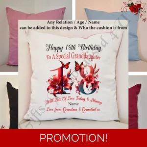 Personalised 16″ Colour Cushion Birthday 18th 21st 30th 40th 50th - Daughter Granddaughter etc  D.16