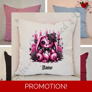Personalised 16″ Cushion - Gothic Bunny - Name - D.1