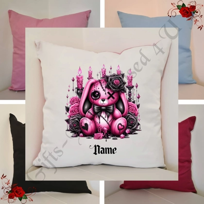 Personalised 16″ Cushion - Gothic Bunny - Name - D.1