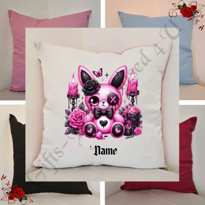 Personalised 16″ Cushion - Gothic Bunny - Name - D.2
