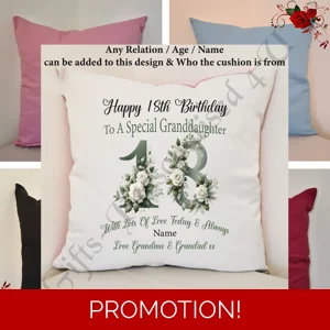 Personalised 16″ Colour Cushion Birthday 18th 21st 30th 40th 50th - Daughter Granddaughter etc – D.7