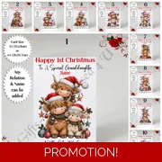 A5 or A4 Personalised Card - Baby Highland Cows - Happy 1st Christmas - Any Relation & Name - D.1-10