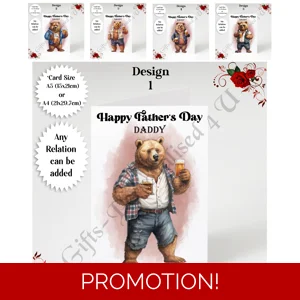 A5 or A4 Personalised Greeting Card - Happy Father's Day - Bear - Any Relation - D.1-5