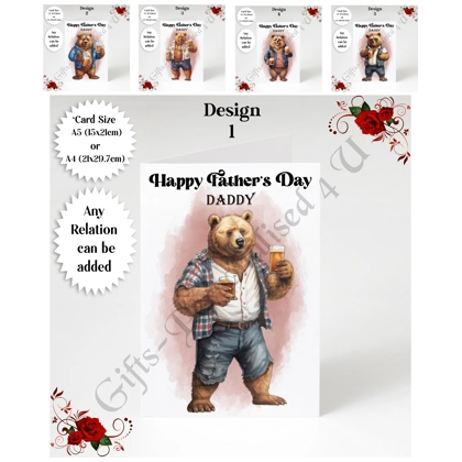 A5 or A4 Personalised Greeting Card - Happy Father's Day - Bear - Any Relation - D.1-5
