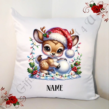 Personalised White 18" Cushion - Name - Cute Reindeer - Design 10 Personalised White 18" Cushion - Name - Cute Reindeer - Design 10