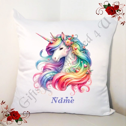 Personalised 18" White Cushion - Unicorn & Hearts - Name - Design 10