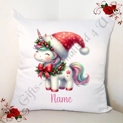 Personalised 18" White Cushion - Christmas - Unicorn - Name - Design 10