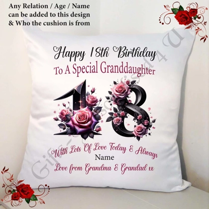 Personalised 18″ Cushion – Happy Birthday - 18th 21st etc - Any Relation / Name / Age – D.11