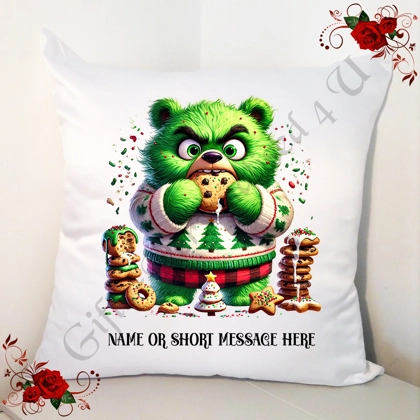 Personalised White 18" Cushion - Grumpy Bear - Christmas - Name or Short Message - Design 11