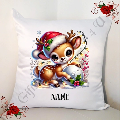 Personalised White 18" Cushion - Name - Cute Reindeer - Design 11