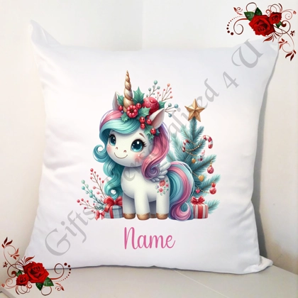 Personalised 18" White Cushion - Christmas - Unicorn - Name - Design 11