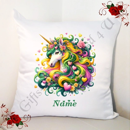Personalised 18" White Cushion - Unicorn & Hearts - Name - Design 12 Personalised 18" White Cushion - Unicorn & Hearts - Name - Design 12