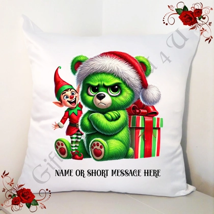 Personalised White 18" Cushion - Grumpy Bear - Christmas - Name or Short Message - Design 13