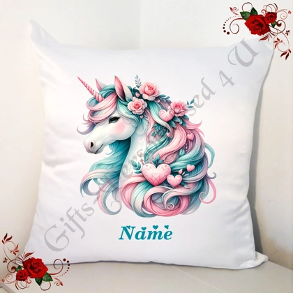 Personalised 18" White Cushion - Unicorn & Hearts - Name - Design 13 Personalised 18" White Cushion - Unicorn & Hearts - Name - Design 13