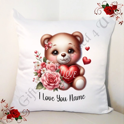 Personalised 18" White Cushion - Valentine's Day - Cute Bear & Hearts - Name - Design 13 Personalised 18" White Cushion - Valentine's Day - Cute Bear & Hearts - Name - Design 13