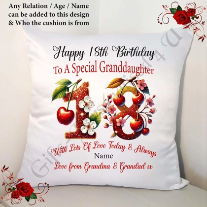 Personalised 18″ Cushion – Happy Birthday - 18th 21st etc - Any Relation / Name / Age – D.14