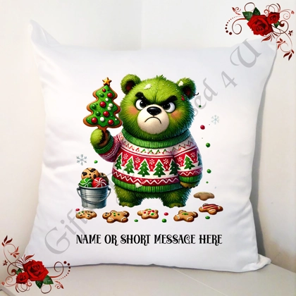 Personalised White 18" Cushion - Grumpy Bear - Christmas - Name or Short Message - Design 14 Personalised White 18" Cushion - Grumpy Bear - Christmas - Name or Short Message - Design 14
