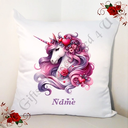Personalised 18" White Cushion - Unicorn & Hearts - Name - Design 14 Personalised 18" White Cushion - Unicorn & Hearts - Name - Design 14