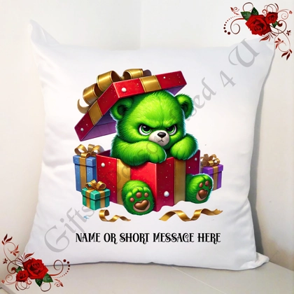 Personalised White 18" Cushion - Grumpy Bear - Christmas - Name or Short Message - Design 15