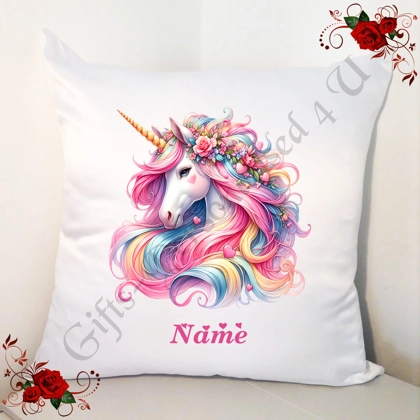Personalised 18" White Cushion - Unicorn & Hearts - Name - Design 16 Personalised 18" White Cushion - Unicorn & Hearts - Name - Design 16