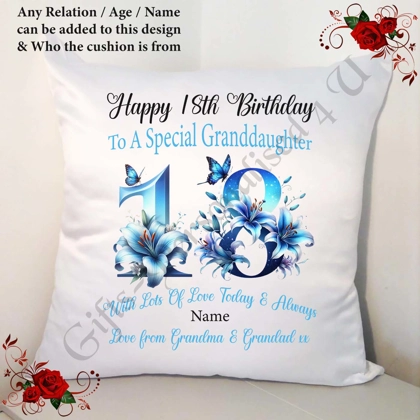 Personalised 18″ Cushion – Happy Birthday - 18th 21st etc - Any Relation / Name / Age – D.17