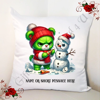 Personalised White 18" Cushion - Grumpy Bear - Christmas - Name or Short Message - Design 17