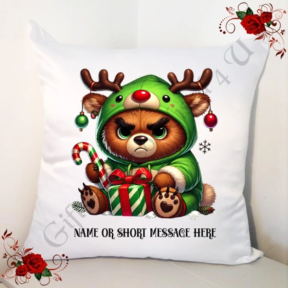 Personalised White 18" Cushion - Grumpy Bear - Christmas - Name or Short Message - Design 18