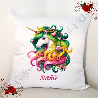 Personalised 18" White Cushion - Unicorn & Hearts - Name - Design 18 Personalised 18" White Cushion - Unicorn & Hearts - Name - Design 18
