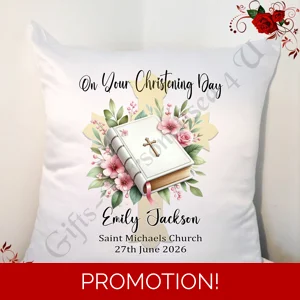 Personalised 18″ Cushion – Christening - Name / Church / Date – D.19