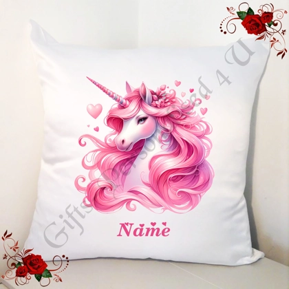 Personalised 18" White Cushion - Unicorn & Hearts - Name - Design 1