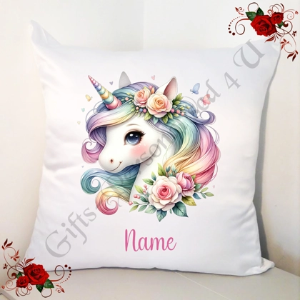 Personalised 18" White Cushion - Watercolour Unicorn - Name - Design 1 Personalised 18" White Cushion - Watercolour Unicorn - Name - Design 1