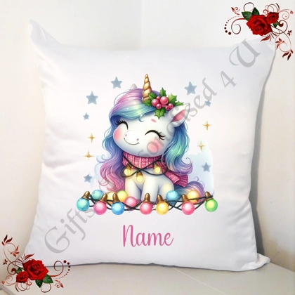 Personalised 18" White Cushion - Christmas - Unicorn - Name - Design 1 Personalised 18" White Cushion - Christmas - Unicorn - Name - Design 1
