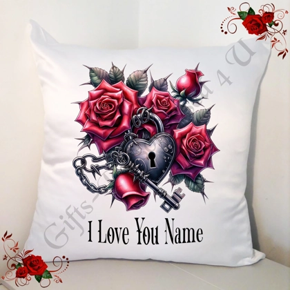 Personalised 18" White Cushion - Valentine's Day - Gothic Roses - Name - Design 1