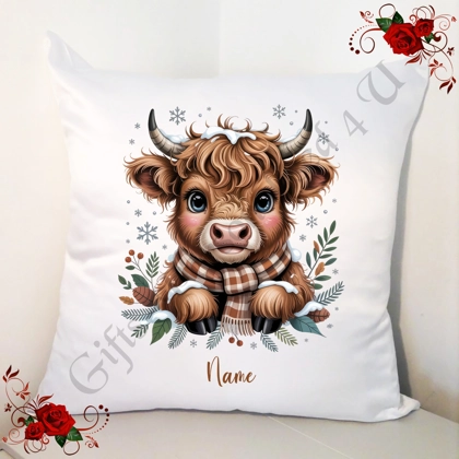 Personalised 18" White Cushion - Christmas - Highland Cow - Name - D.1